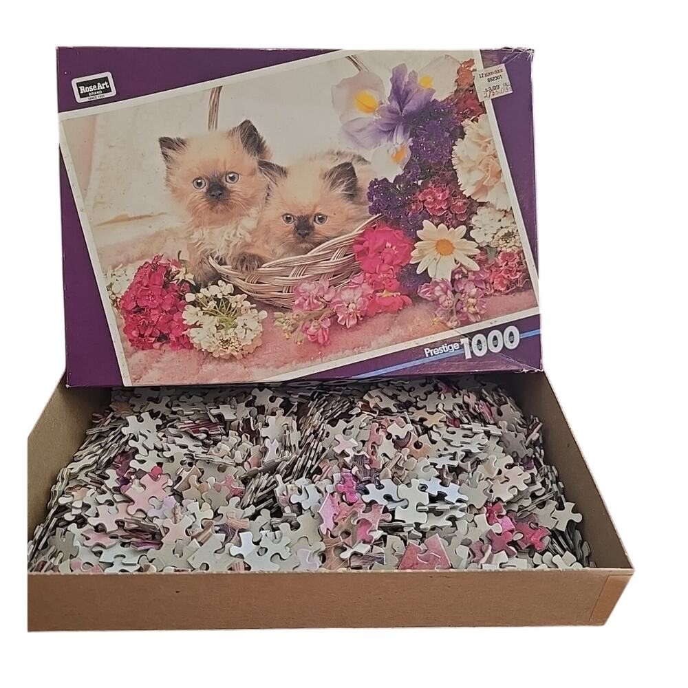 Vintage 1996 RoseArt Prestige Kitten Feline Floral 1000 Piece Jigsaw Puzzle‎